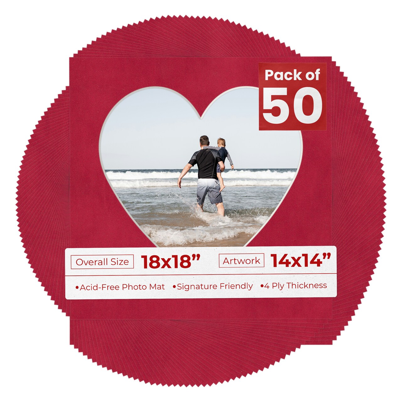 Red Suede Mat Board for 18x18 Frames - Heart Opening for 14x14 Photos